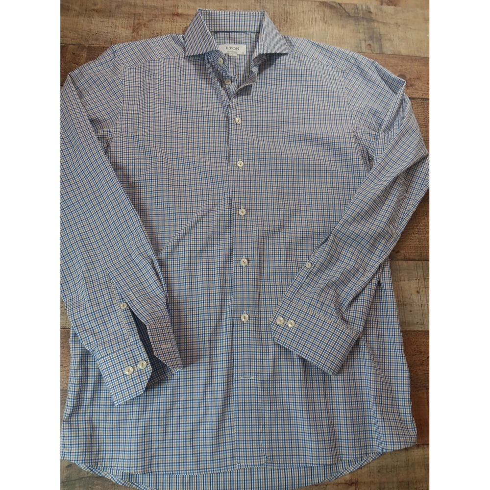 ETON Shirt Men's 40 15 3/4 Blue  Check Plaid Contemporary Dress Button Up  3034